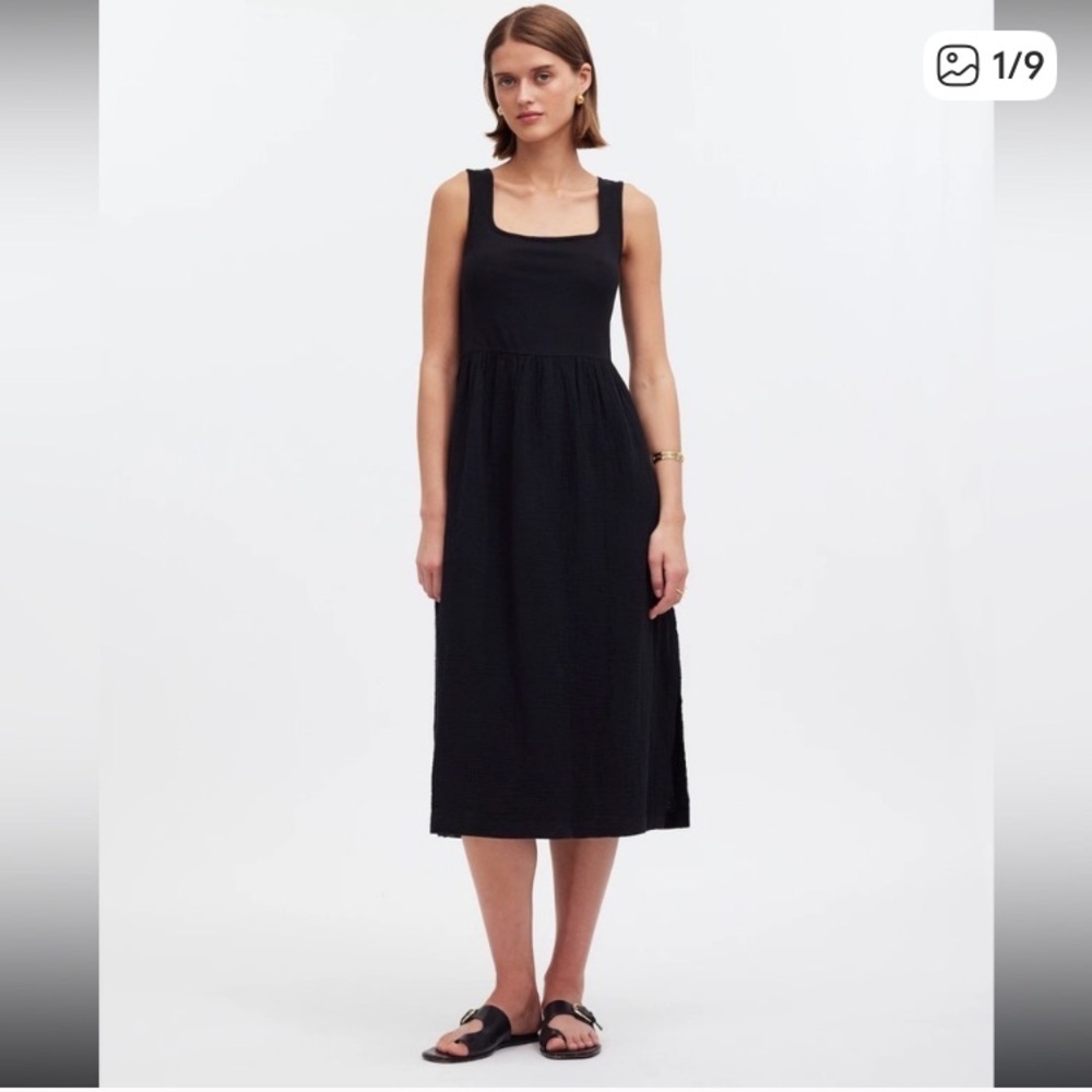 Madewell black mixed fabric black cotton midi dress. Size Large.